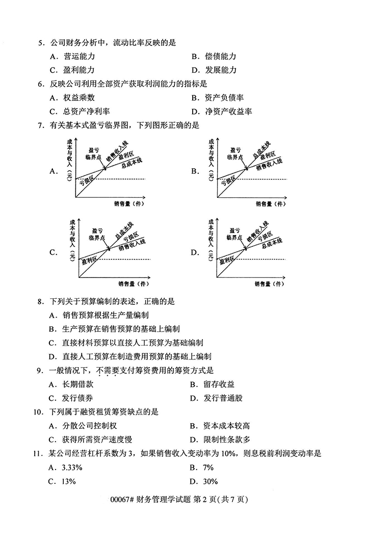 全国2020年10月高等教育自学考试财务管理学试题（00067）(图2)